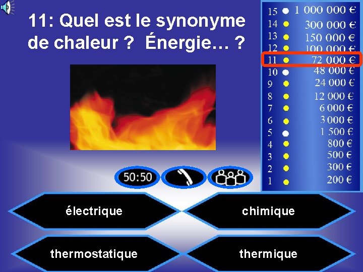 11: Quel est le synonyme de chaleur ? Énergie… ? 15 14 13 12