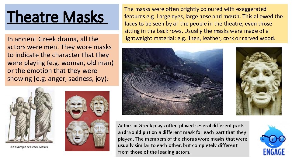 Theatre Masks In ancient Greek drama, all the actors were men. They wore masks