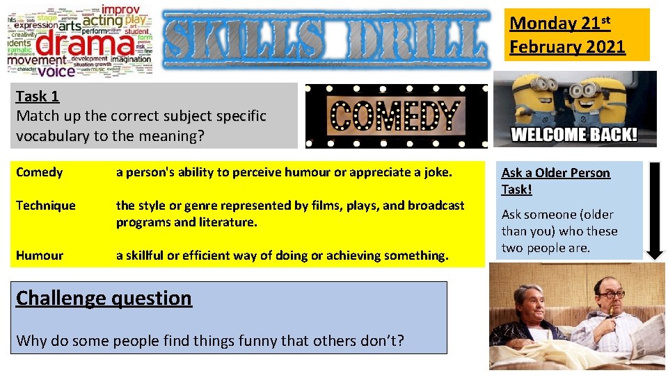 Monday 21 st February 2021 Task 1 Match up the correct subject specific vocabulary