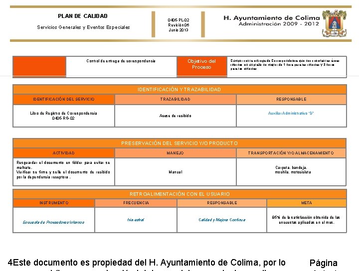 PLAN DE CALIDAD 0405 -PL-02 Revisión 06 Junio 2013 Servicios Generales y Eventos Especiales