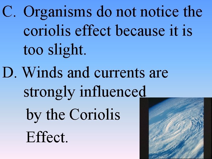 C. Organisms do notice the coriolis effect because it is too slight. D. Winds