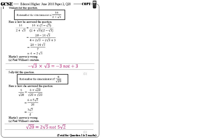 GCSE 1 Edexcel Higher: June 2018 Paper 2, Q 20 William did this question.