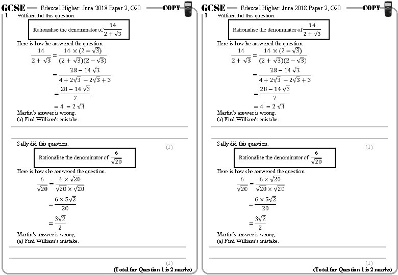 GCSE 1 GCSE Edexcel Higher: June 2018 Paper 2, Q 20 William did this