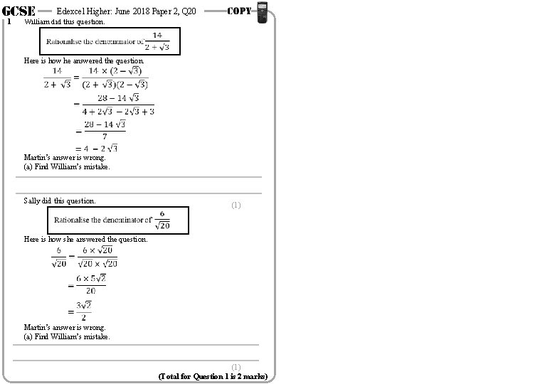GCSE 1 Edexcel Higher: June 2018 Paper 2, Q 20 William did this question.