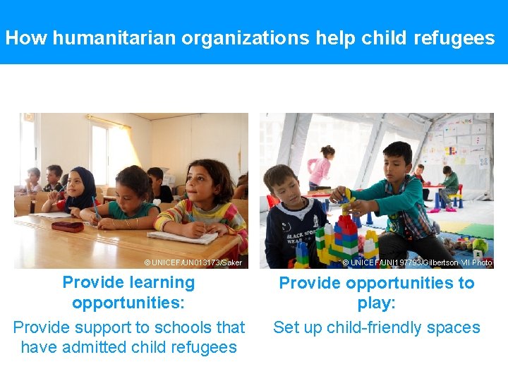 How humanitarian organizations help child refugees © UNICEF/UN 013173/Saker Provide learning opportunities: Provide support
