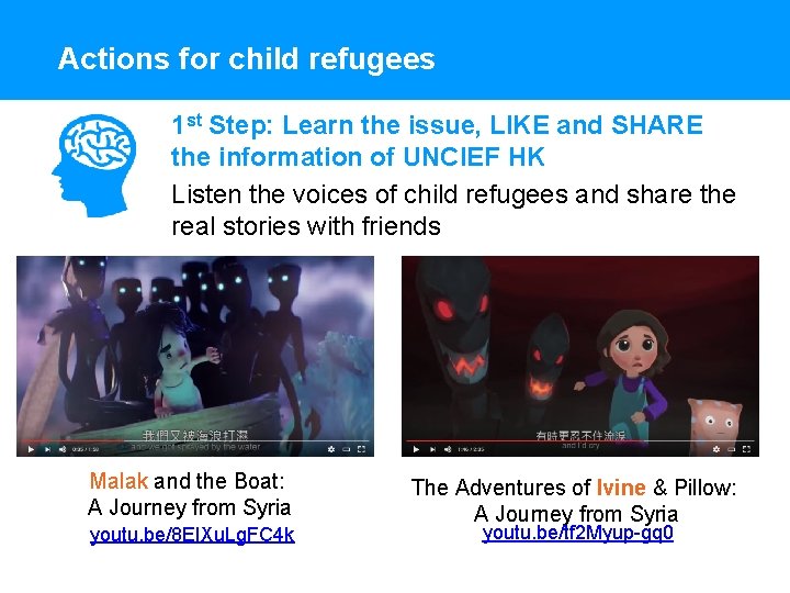 Actions for child refugees 1 st Step: Learn the issue, LIKE and SHARE the