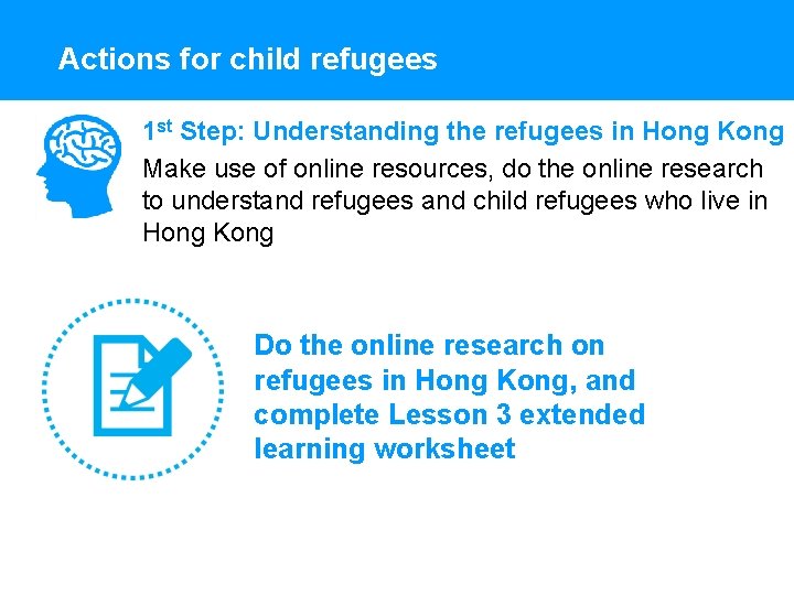 Actions for child refugees 1 st Step: Understanding the refugees in Hong Kong Make