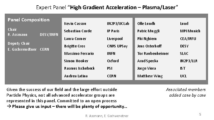 Expert Panel “High Gradient Acceleration – Plasma/Laser” Panel Composition Chair R. Assmann DESY/INFN Deputy