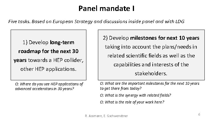 Panel mandate I Five tasks. Based on European Strategy and discussions inside panel and