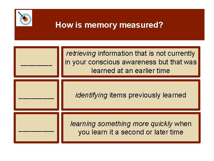 How is memory measured? ____ retrieving information that is not currently in your conscious