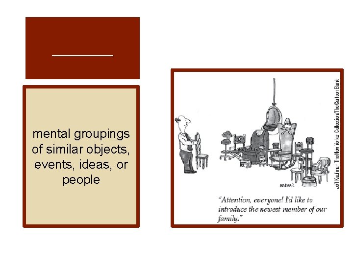 ____ mental groupings of similar objects, events, ideas, or people 