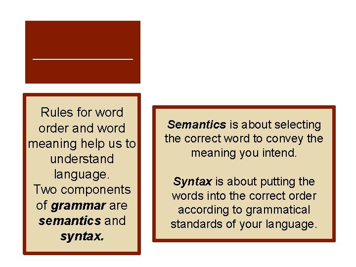 _______ Rules for word order and word meaning help us to understand language. Two