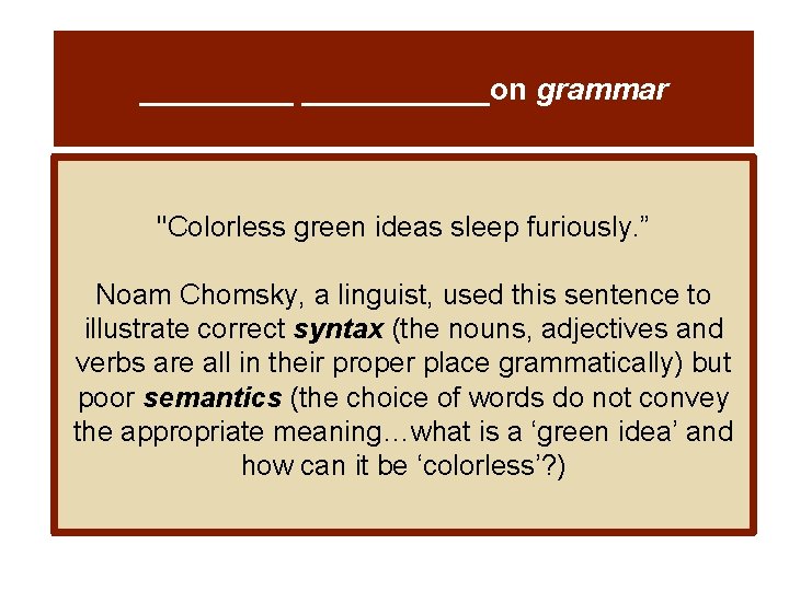 ______on grammar "Colorless green ideas sleep furiously. ” Noam Chomsky, a linguist, used this
