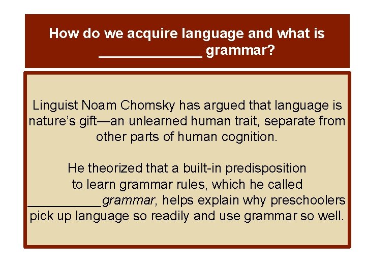 How do we acquire language and what is _______ grammar? Linguist Noam Chomsky has