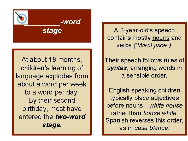_____-word stage At about 18 months, children’s learning of language explodes from about a