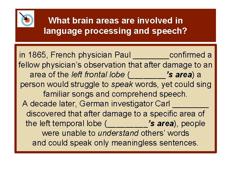 What brain areas are involved in language processing and speech? in 1865, French physician