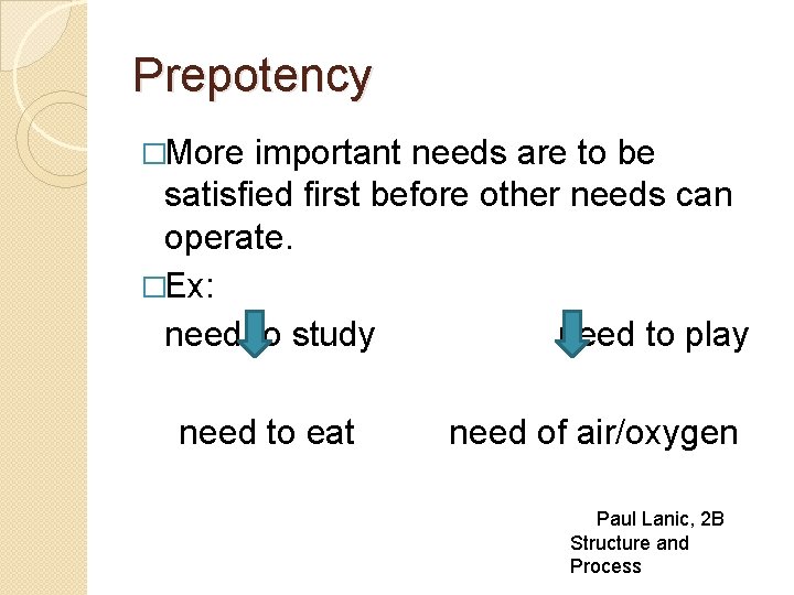 Prepotency �More important needs are to be satisfied first before other needs can operate.