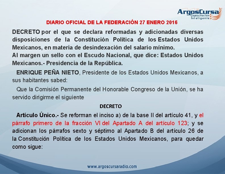 DIARIO OFICIAL DE LA FEDERACIÓN 27 ENERO 2016 DECRETO por el que se declara