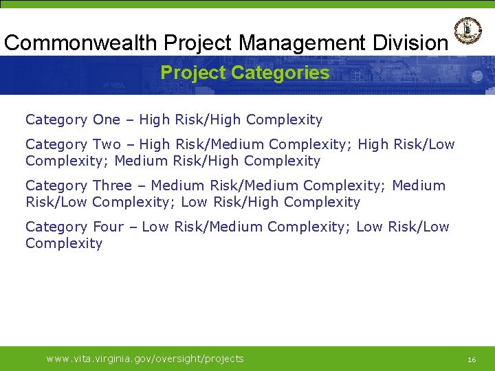 Commonwealth Project Management Division Project Categories Category One – High Risk/High Complexity Category Two