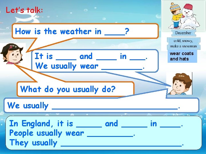 Let’s talk: How is the weather in ____? It is ____ and ____ in