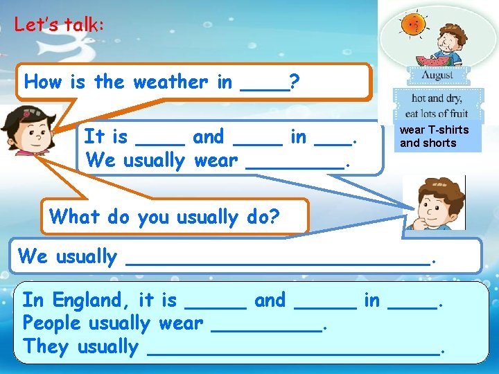 Let’s talk: How is the ____? What’s the weather in like in ____? It