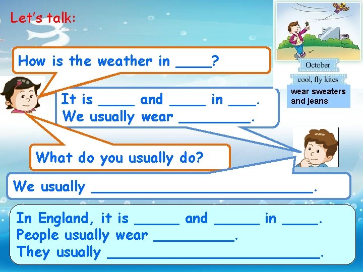 Let’s talk: What’s How is the weather in like ____? in ____? It is