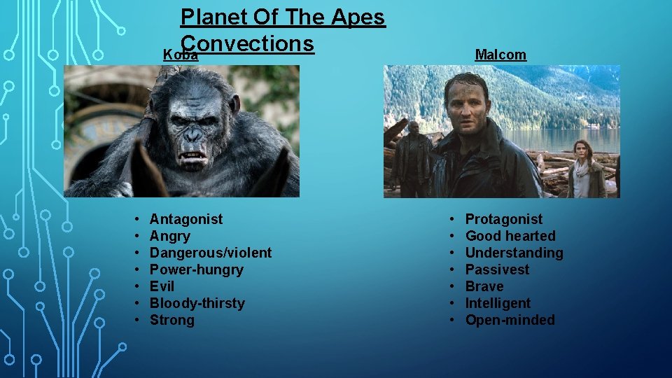 Planet Of The Apes Convections Koba • • Antagonist Angry Dangerous/violent Power-hungry Evil Bloody-thirsty