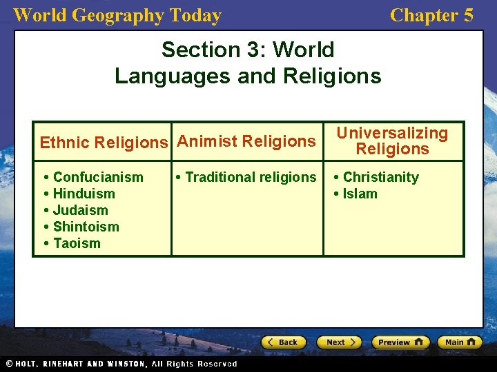 World Geography Today Chapter 5 Section 3: World Languages and Religions Ethnic Religions Animist