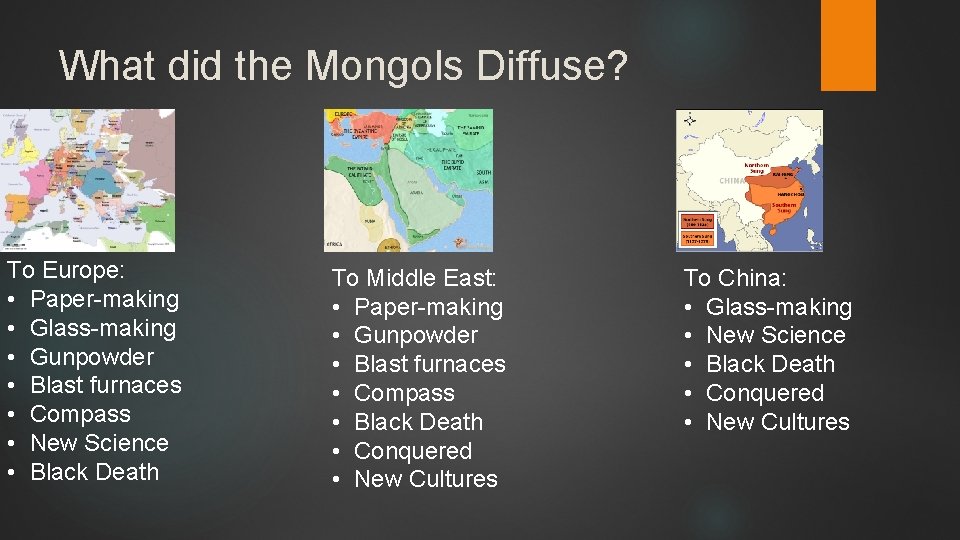 What did the Mongols Diffuse? To Europe: • Paper-making • Glass-making • Gunpowder •