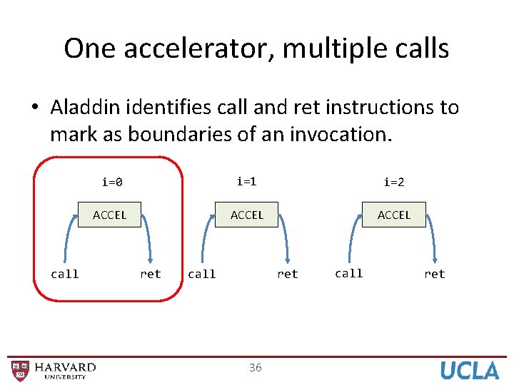 One accelerator, multiple calls • Aladdin identifies call and ret instructions to mark as