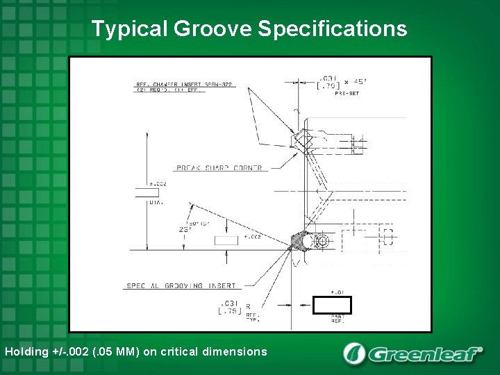 Typical Groove Specifications Holding +/-. 002 (. 05 MM) on critical dimensions 
