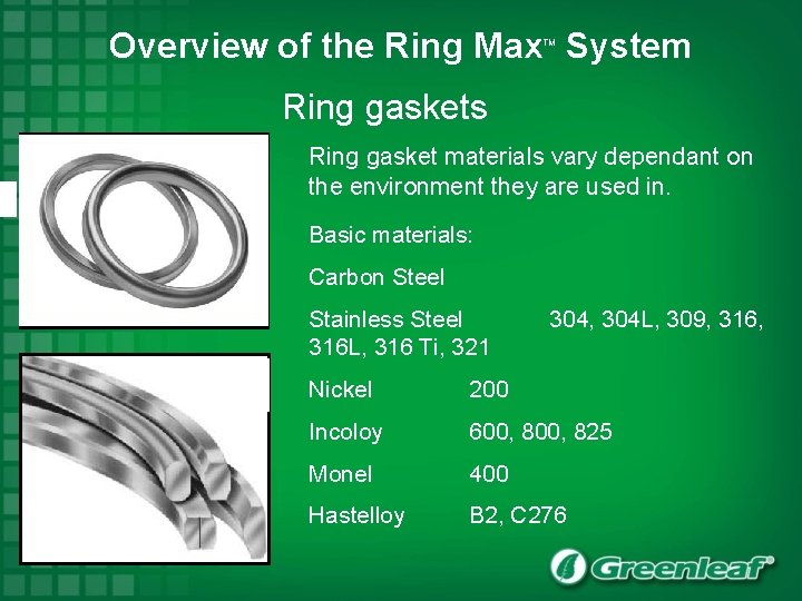 Overview of the Ring Max System TM Ring gaskets Ring gasket materials vary dependant