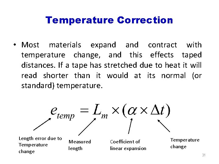 Temperature Correction • Most materials expand contract with temperature change, and this effects taped