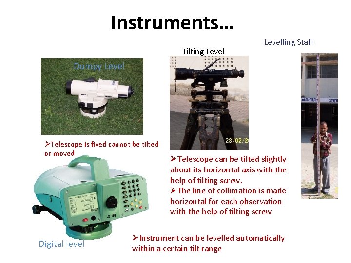 Instruments… Tilting Levelling Staff Dumpy Level ØTelescope is fixed cannot be tilted or moved