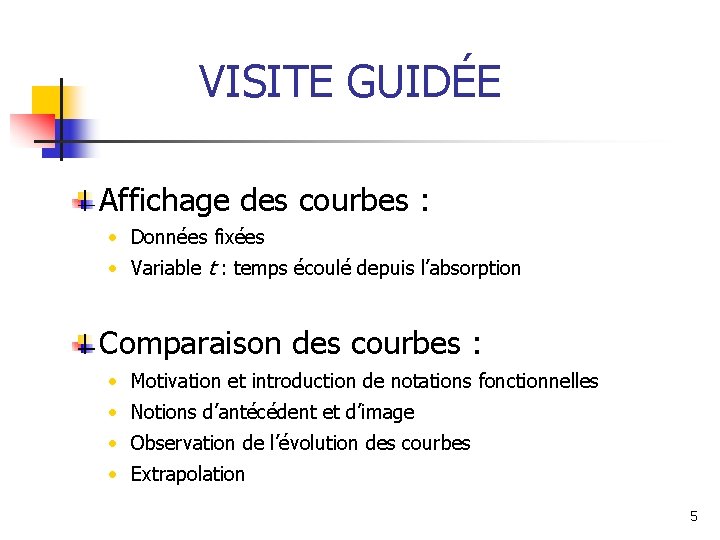 VISITE GUIDÉE Affichage des courbes : • Données fixées • Variable t : temps