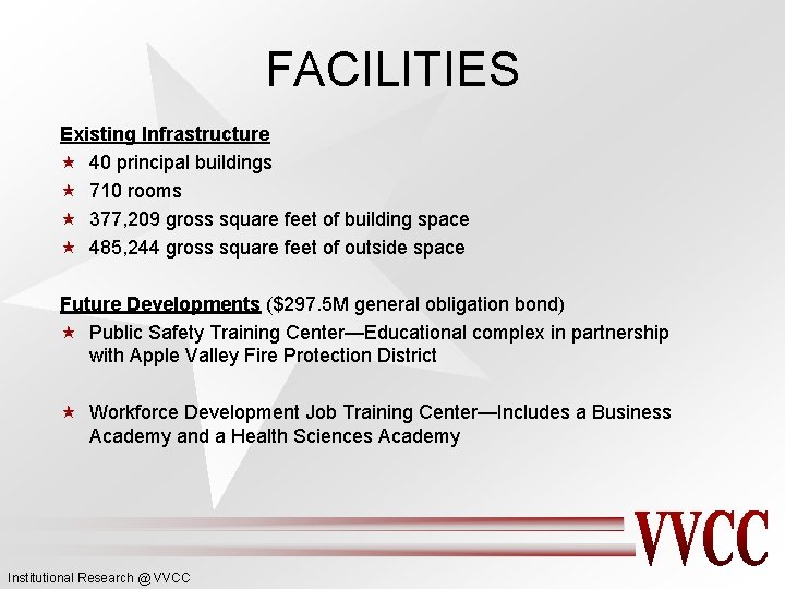 FACILITIES Existing Infrastructure « 40 principal buildings « 710 rooms « 377, 209 gross