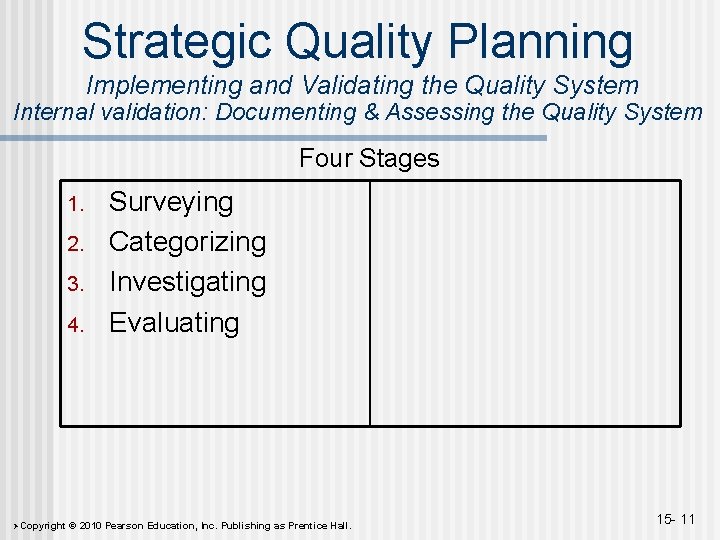 Strategic Quality Planning Implementing and Validating the Quality System Internal validation: Documenting & Assessing