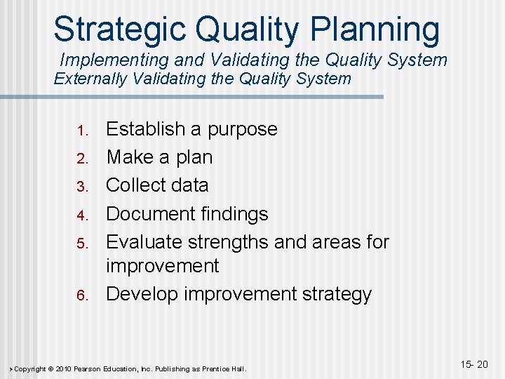 Strategic Quality Planning Implementing and Validating the Quality System Externally Validating the Quality System