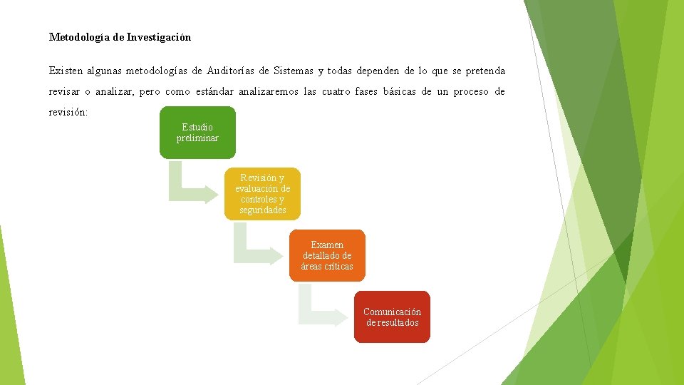 Metodología de Investigación Existen algunas metodologías de Auditorías de Sistemas y todas dependen de