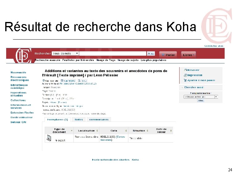 Résultat de recherche dans Koha 24 