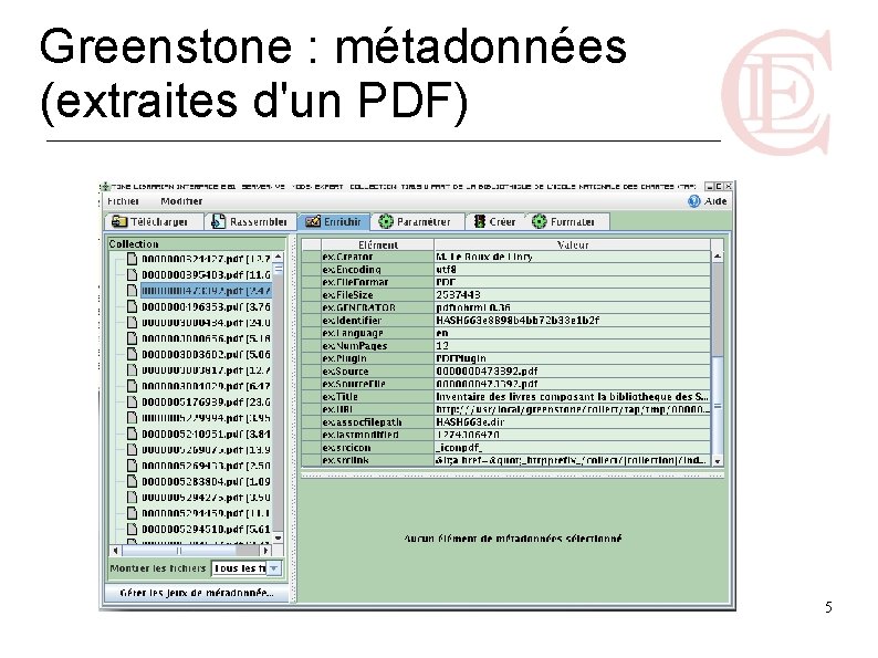 Greenstone : métadonnées (extraites d'un PDF) 5 