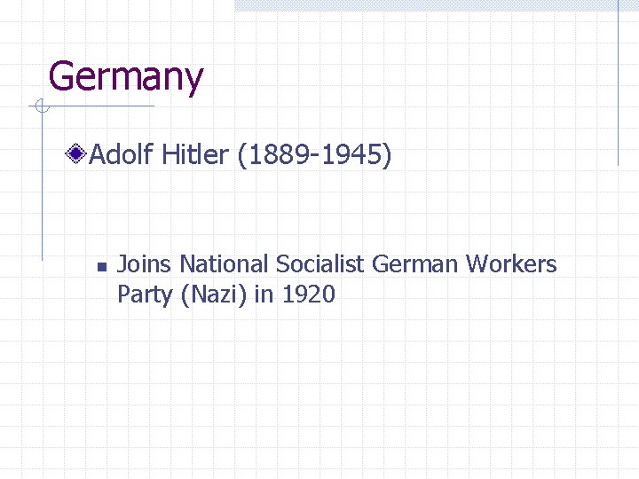 Germany Adolf Hitler (1889 -1945) n Joins National Socialist German Workers Party (Nazi) in
