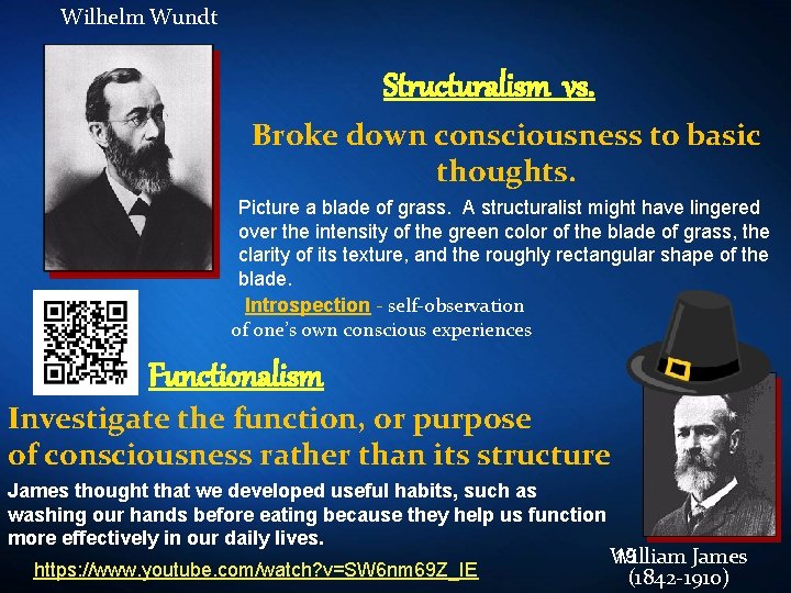 Wilhelm Wundt Structuralism vs. Broke down consciousness to basic thoughts. Picture a blade of