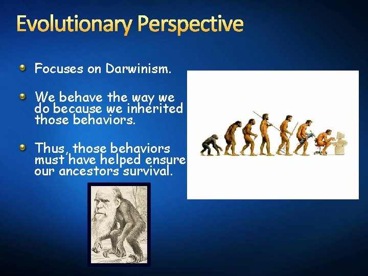 Evolutionary Perspective Focuses on Darwinism. We behave the way we do because we inherited