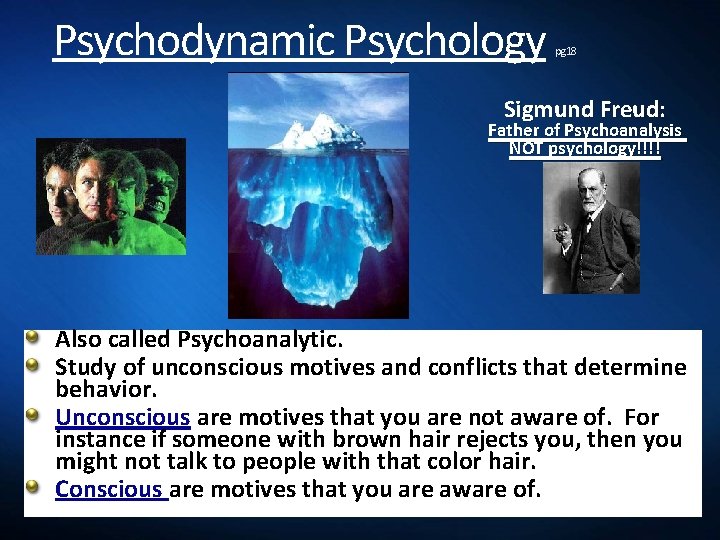 Psychodynamic Psychology pg. 18 Sigmund Freud: Father of Psychoanalysis NOT psychology!!!! Also called Psychoanalytic.
