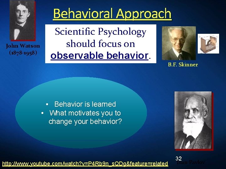 Behavioral Approach John Watson (1878 -1958) Scientific Psychology should focus on observable behavior. B.