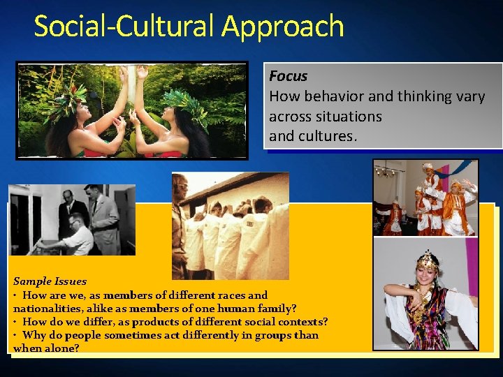 Social-Cultural Approach Focus How behavior and thinking vary across situations and cultures. Sample Issues
