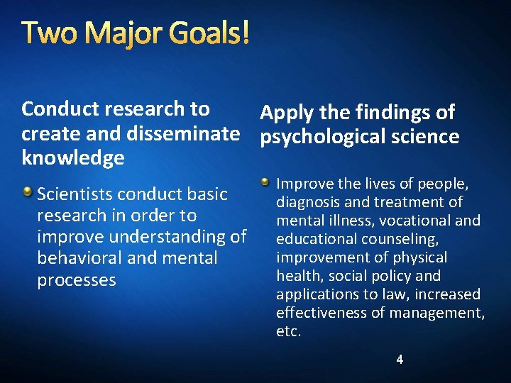 Two Major Goals! Conduct research to Apply the findings of create and disseminate psychological