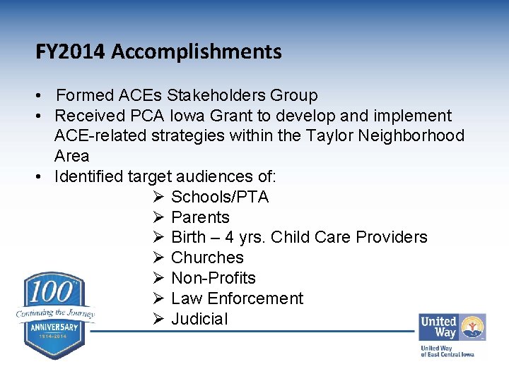 FY 2014 Accomplishments • Formed ACEs Stakeholders Group • Received PCA Iowa Grant to