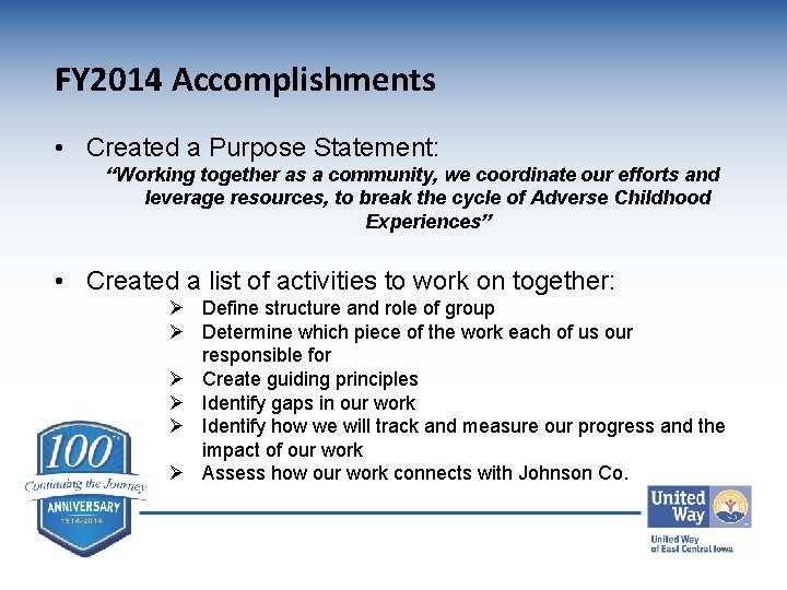 FY 2014 Accomplishments • Created a Purpose Statement: “Working together as a community, we